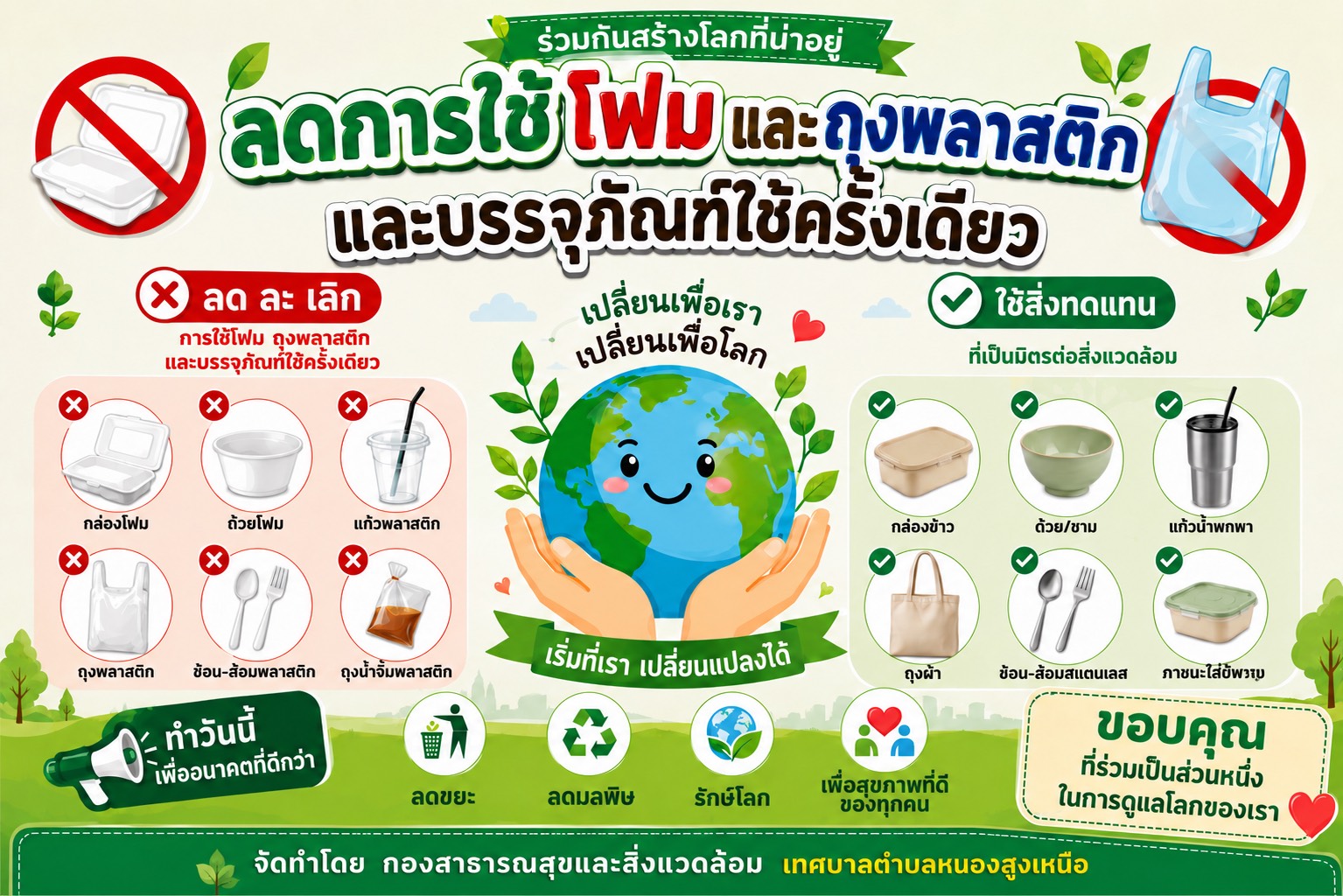 🌿 ร่วมกันสร้างโลกที่น่าอยู่ เริ่มต้นได้ที่ตัวเรา ลดการใช้โฟม ถุงพลาสติก